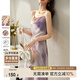 尚都比拉夏季吊帶裙女時尚抽象風(fēng)撞色印花中長款吊帶連衣裙 白底粉花 L