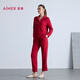 愛(ài)慕（Aimer）【牛奶系】紅色本命年家居女含蛋白柔潤牛奶生活翻領(lǐng)長(cháng)袖分身套裝 朱櫻紅JF0 M 165
