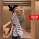 LZJV襯衫女淺灰色條紋長(zhǎng)袖加絨內(nèi)搭T恤女秋慵懶風(fēng)寬松加厚打底衫秋冬 淺灰色M（110-130）