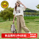 G.DUCKKIDS女童夏裝套裝25春秋款兒童棉短袖12-15歲衣服女大童工裝褲兩件套 米杏色 160 尺碼13~14歲【150-160cm】