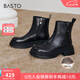 百思圖冬季新款商場同款通勤牛皮加絨短靴厚底粗跟女靴ULT04DD4 黑色絨里 37