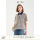 EIN言?；陾l紋撞色POLO領(lǐng)文藝休閑寬松短袖T恤上衣女2025夏季新款 墨藍 M