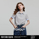 初語撞色條紋翻袖POLO衫女2025夏季新款珠地復(fù)古休閑小衫上衣 花灰色 M