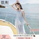 香影藍(lán)色海邊連衣裙女無袖2025夏裝新款不規(guī)則荷葉邊航海系沙灘裙 航線藍(lán) M 160/84A/95-110斤