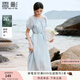 香影藍(lán)色法式圓領(lǐng)天絲連衣裙女2025夏季新款泡泡袖抽褶超好看裙子 航線藍(lán) M 160/84A/95-110斤