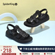 蜘蛛王真皮平底羅馬涼鞋女夏季2025新款軟底舒適魔術(shù)貼女鞋時(shí)尚百搭 黑色 40
