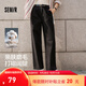 森馬（Semir）休閑褲女純棉打褶闊腿褲腰帶鹽系通勤秋季復古磨毛長(cháng)褲顯腿長(cháng) 黑色90001 L