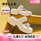 百麗（Belle）休閑人字拖鞋女真皮粗跟增高夾腳涼鞋B1782BT4 米白 36 (230mm)