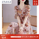 ZXEGI收腰顯瘦100%桑蠶絲真絲連衣裙夏季新款時尚印花韓版高端A字裙女 粉色 2XL （116-125斤）