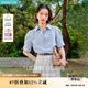 茵曼通勤壓褶泡泡袖全棉襯衫夏季女裝翻領(lǐng)刺繡襯衣上衣 淺藍(lán)色  L