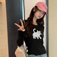 歌詩(shī)慧長(cháng)袖t恤女針織衫2025秋冬季新款女裝秋裝打底衫內搭緊身上衣毛衣 白貓印花針織衫【黑色】 均碼