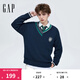 Gap男裝春季LOGO學(xué)院風(fēng)不對稱(chēng)V領(lǐng)針織衫885857寬松毛衣 海軍藍 L (175/96A) 亞洲尺碼
