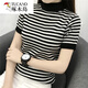 啄木鳥(niǎo)冰絲2025新款短袖T恤女學(xué)生韓版套頭半高領(lǐng)條紋針織打底衫上衣 黑條紋 L