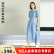 顏域鏤空蕾絲連衣裙女2025夏季新款輕熟風(fēng)高腰收腰修身過(guò)膝短袖裙 淺藍 XL