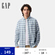 Gap男裝2025春季新款基礎款純棉翻領長袖襯衫常規(guī)上衣美版488512 藍色格紋 M 美碼 L亞洲碼180/96A