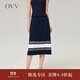OVV2022秋冬新款女裝桑蠶絲羊毛混紡幾何撞色百褶針織半身裙 藏青鑲拼A4 M