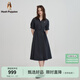 Hush Puppies【舒適休閑】暇步士女裝2025夏季輕盈古巴領(lǐng)可調(diào)節(jié)腰帶半袖裙 玄青藍(lán) L