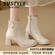 SUSTYLE國際高端品牌女裝2025冬季新款法式小香風(fēng)短靴皮鞋粗跟馬丁靴女 米白色[精致禮盒包裝] 34 [標準碼]