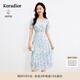 珂萊蒂爾夏季溫柔風(fēng)淑女茶歇復(fù)古碎花V領(lǐng)短袖連衣裙女花韻夢境 淡群青藍 L