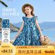ASK JUNIOR兒童純棉裙子夏女大童飛袖連衣裙青少年碎花裙荷葉邊 藍(lán)色  160 