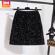 賞峰直筒高腰顯瘦包臀重工絲絨亮片短裙2025春季新款小個(gè)子黑色半身裙 黑色 建議 80--95斤 S