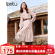 百圖betu女裝秋季新款連衣裙法式印花腰帶收腰顯瘦裙子女2408T87 粉紅 L