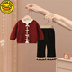G.duck小黃鴨女童秋冬套裝新款女寶寶洋氣假兩件毛線(xiàn)上衣加絨褲子兩件套 紅色毛衣+褲子 加絨 90
