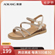 奧康（Aokang）官方女鞋 夏季新款舒適坡跟厚底涼鞋優(yōu)雅氣質(zhì)水鉆一字帶 1244821029米色 38 240mm