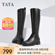他她（TATA）大筒圍真皮騎士靴女靴子粗跟氣質(zhì)加絨長(zhǎng)筒靴秋冬7TG87DG4 黑色 38