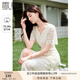 香影（xiangying）v領(lǐng)蕾絲連衣裙女2025夏季新款重工米白色高級(jí)感法式鏤空裙子 米色 M