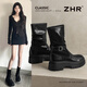 ZHR女靴中筒小個(gè)子增高馬丁靴女復古顯瘦騎士機車(chē)靴女 BL613黑色37