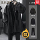 洛科馳秋冬三件套男裝痞帥搭配輕熟風(fēng)中長(cháng)款毛呢大衣外套高級感男士套裝 【三件套】外套黑+高領(lǐng)毛衣黑+加絨小西褲 XL