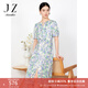 玖姿·安娜蔻醋酸印花短袖連衣裙女夏優(yōu)雅收腰開(kāi)衩裙子綠色 花紋綠 L