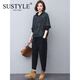 SUSTYLE奢侈高端品牌女裝高檔時(shí)尚休閑兩件套女運(yùn)動(dòng)服百搭洋氣減齡媽嗎裝 綠花＋黑色褲子 L 建議114-125斤
