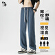 初唐牛仔褲男直筒寬松闊腿褲松緊高腰休閑長(cháng)褲復古牛仔長(cháng)褲 深藍 M