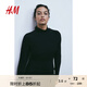 H&M女裝連衣裙秋季彈力修身碎褶高領(lǐng)中長(zhǎng)連衣裙1206471 黑色 155/80