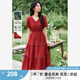 梵希蔓復古優(yōu)雅紅色V領(lǐng)連衣裙女2025年夏季新款拼接花邊收腰長裙 A1625 紅色 M