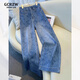 GCRZW輕奢高級感印花牛仔褲女秋冬2025新款顯瘦港式直筒褲扎染闊腿褲 藍色 【輕奢高檔款】 M /27 建議95-105斤