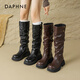 達芙妮厚底長(cháng)筒靴女2025新款秋冬季加絨靴粗跟褶皺堆堆騎士靴顯瘦褲管靴