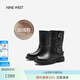 NINE WEST/玖熙騎士短靴女真皮厚底冬新款復(fù)古百搭皮帶機(jī)車(chē)時(shí)裝靴中筒女靴 黑色(絨里) 37