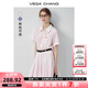 VEGA CHANG短袖連衣裙女2025新款夏學(xué)院風(fēng)翻領(lǐng)條紋高腰顯瘦小個子襯衫裙 櫻花粉 L