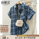 絲柏舍翻領(lǐng)襯衫2025夏裝新款女裝復(fù)古寬松款短袖格紋休閑襯衣