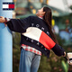 TOMMY JEANS【寬松燈籠袖】25秋冬新款女學(xué)院風(fēng)純棉撞色V領(lǐng)針織開衫外套 藏青白紅拼色C1G S   （推薦：100-115斤）