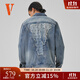 VLONE大logo系列 破壞風(fēng)貼布翻領(lǐng)開(kāi)衫單排扣牛仔外套 情侶款 VLJE25002藍色 M