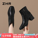 ZHR頭層牛皮短靴女復古粗跟靴子女側拉鏈褶皺時尚女靴 S506 黑色 36 