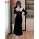 蔻伊婭（Kouyiya）品牌女裝新品復(fù)古赫本風(fēng)黑色絲絨晚禮服連衣裙女裝金絲絨魚尾裙 黑色 L