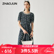 兆君2025春夏桑蠶絲新款精致短袖連衣裙女真絲雙縐氣質(zhì)印花裙子 蘭色 2XL