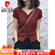 皮爾卡丹大碼酒紅色V領(lǐng)針織衫短袖T恤女2025夏季新款氣質(zhì)輕熟時(shí)尚百搭體恤 暗紅色 XL (建議115斤-130斤)
