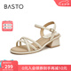 百思圖夏季商場新款時尚氣質(zhì)露趾條帶一字帶粗跟女涼鞋TS501BL4 米色 37