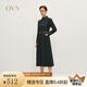 OVV2024秋冬新款女裝牛仔翻領(lǐng)羊毛隨附腰帶長(cháng)袖休閑連衣裙 藏青 M